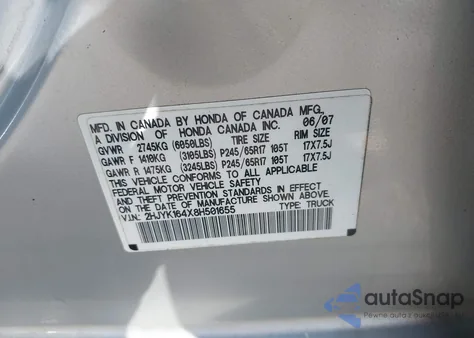 2008 Honda Ridgeline Rts из США, поврежденный, VIN 2HJYK164X8H501655